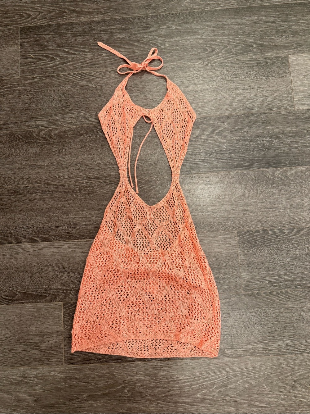 Fashion Nova Coral Crochet Backless Halter Mini Dress